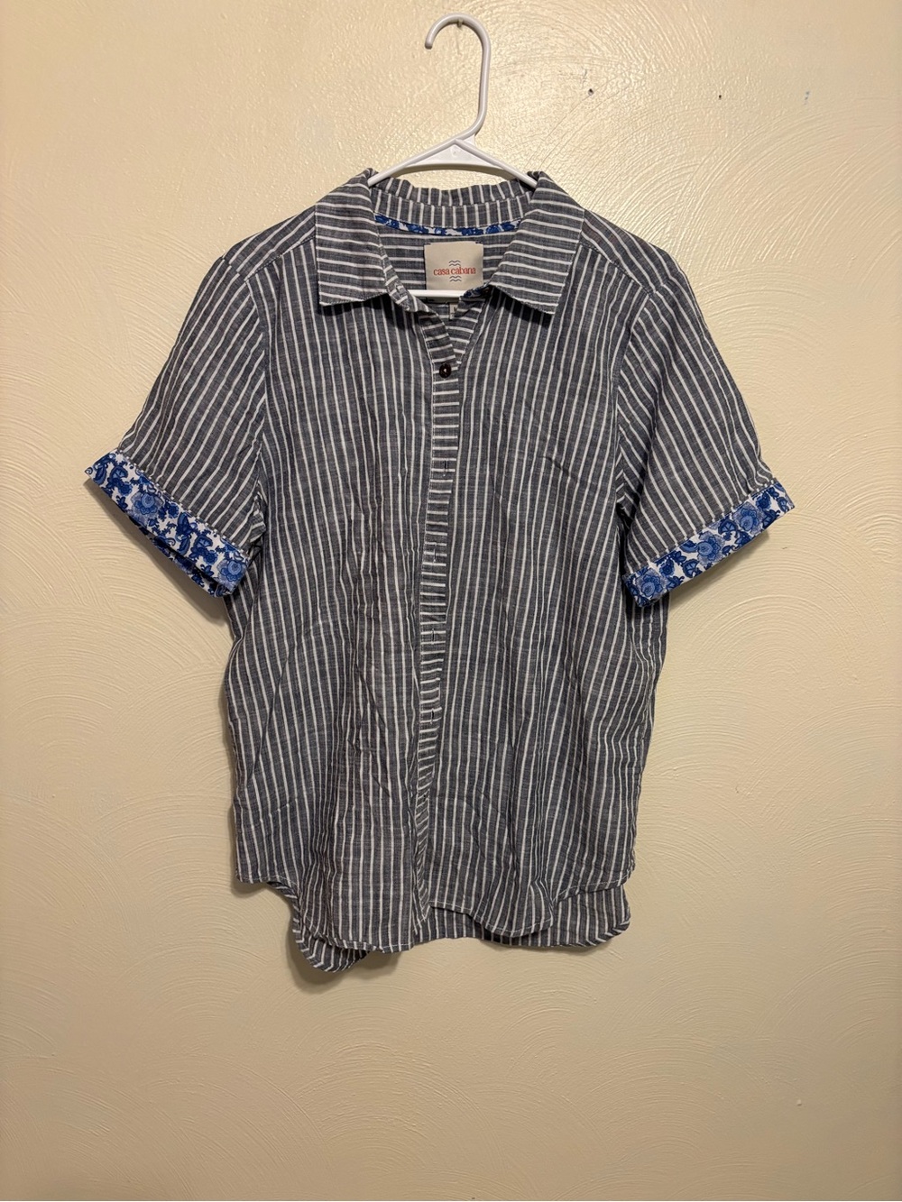 Casa Cabana Blue White Striped Cotton Button Up Shirt Large Coastal